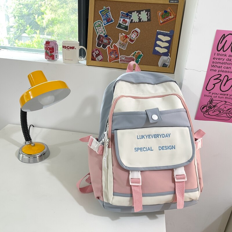 DCIMOR New English Embroidery Waterproof Nylon Women Backpack Female Cute Contrast Color Travel Bag Kawaii Girl Schoolbag Preppy