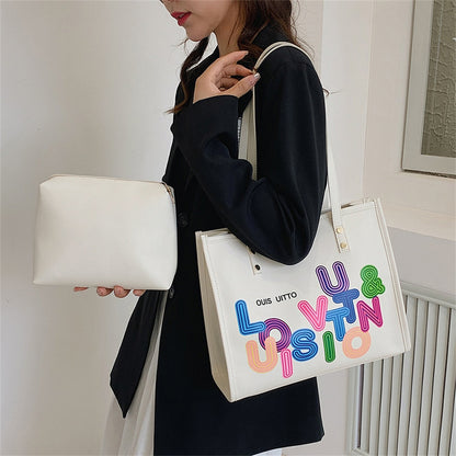 2 Set Summer Trendy Letter Women's Shopper Bag Large Capacity PU Leather Shoulder Bags Luxury Designer Female Travel Totes Brand