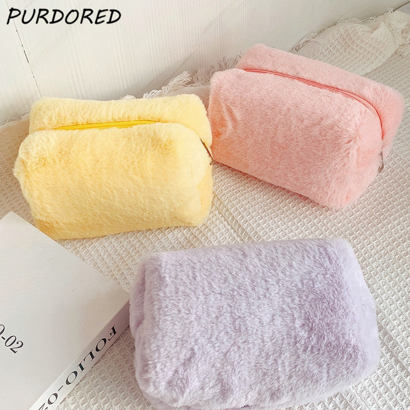 PURDORED 1 Pc Solid Color Fur Makeup Bag for Women Soft Travel Cosmetic Bag Organizer Case Young Lady Make Up Case Necessaries