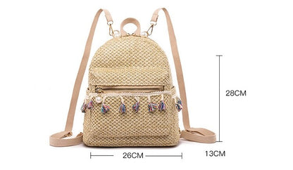 Fashion Tassels Women Backpacks Straw female Shoulder bag National Beach Backpack Teenage Girl Travel Rucksack bags bolsa khaki