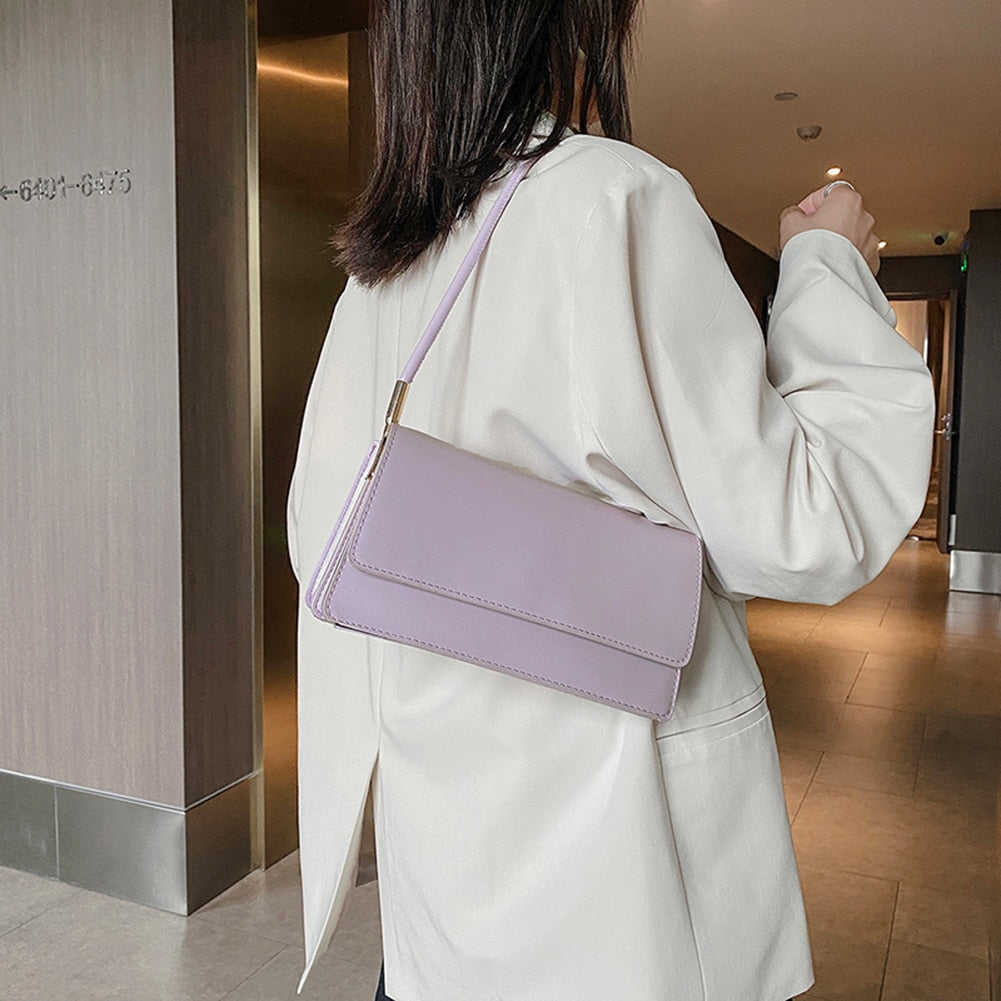 Simple Solid Color Women Shoulder Bags Totes PU Leather Fashion Flap Small Top-Handle Bags Female Casual Underarm Bags Handbags