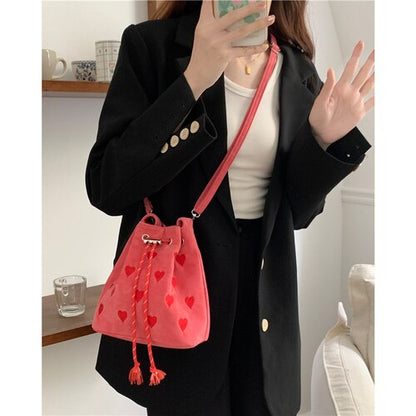 Embroidered Heart Pattern Women Shoulder Crossbody Bag Simple Pink Design Ladies Purse Handbag Casual Female Ourdoor Bucket Bags