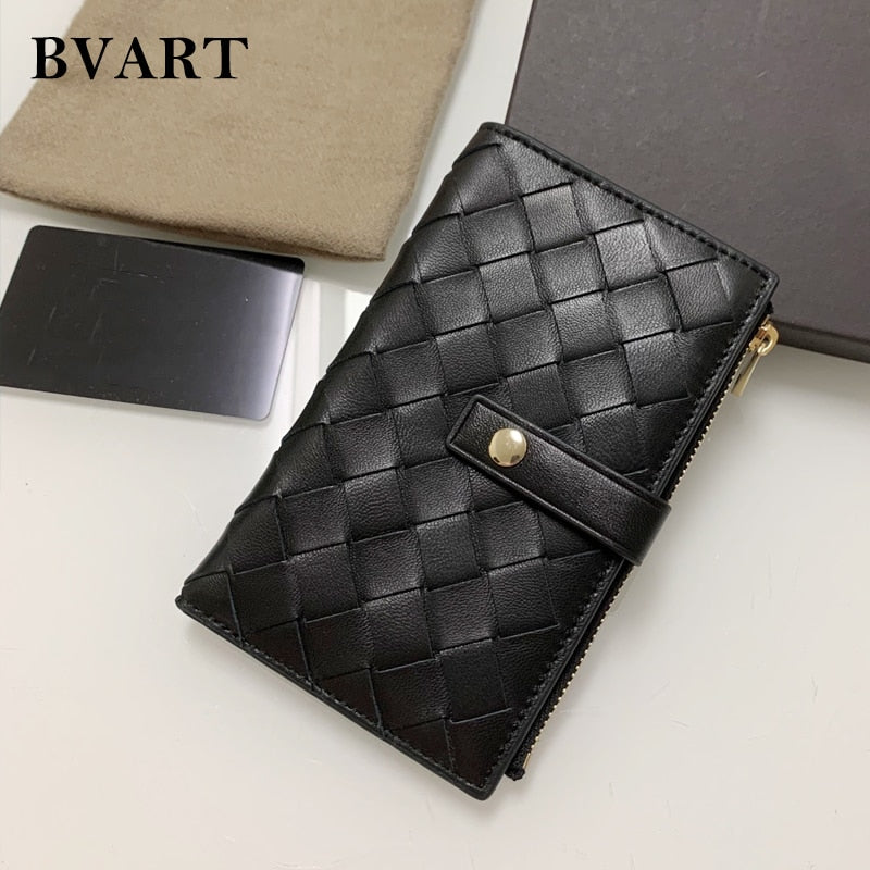 Genuine Leather Plaid Hand-Woven Bifold Zipper Hasp Wallet Multi-Card-Slot Coin Purse Men&#39;s and Women&#39;s Same Wallet Card Holder