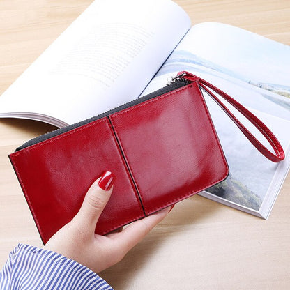 Women&#39;s Vintage Oil Wax Leather Zipper Clutch Wallet Female Large Capacity Coin Purse Ladies Wristband Simple Card Holder Wallet