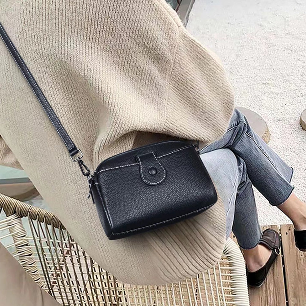 Genuine Leather Shoulder Bag Woman Minimalist Solid Color Mini Crossbody Bag Casual  All-Match Double Zipper Coin Phone Pouch