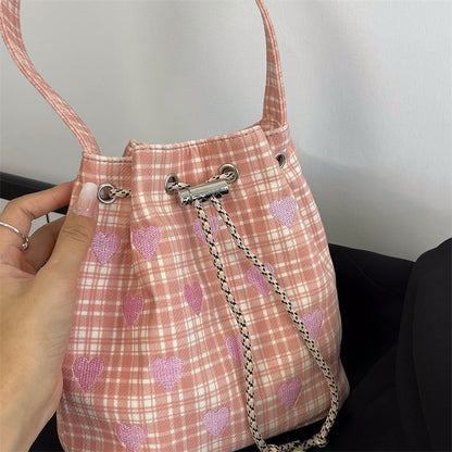 Sweet Heart Women Drawstring Shoulder Bag Embroidered Pattern Ladies Bucket Purse HandBags Retro Pink Female Plaid Messenger Bag