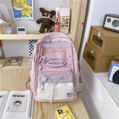 DCIMOR New Panelled Nylon Women Backpack Fashion Girl Badge Waterproof Travel Mesh College Bookbag Kawaii Drawstring School Bag