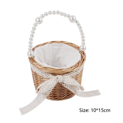 Casual Summer Rattan Woven Women Shoulder Crossbody Bags Fashion Pearl Chain Basket Drawstring Ladies Small Top-handle Handbags