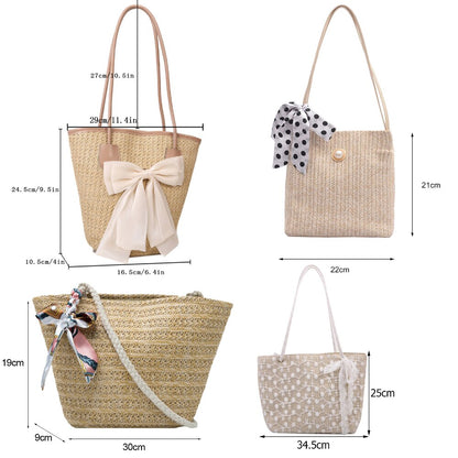 Casual Straw Woven Handbags Women Summer Holiday Beach Bow Totes Top-Handle Bags Fashion Ladies Undearm Shoulder Bags