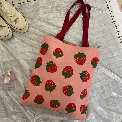 Strawberry Canvas Shoulder Bags Women Sweet Kawaii Teenagers Casual Tote Bag Environmental Reusable Underarm Large Capacity Ins