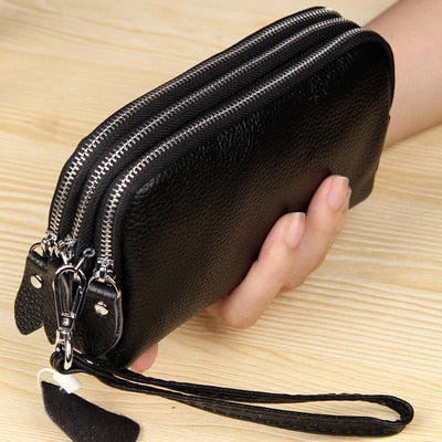 MJ Women Long Wallet Genuine Leather 3-Layer Zipper Purse Bag Large Capacity Wristlet Clutch Wallets Phone Bag Money Purses