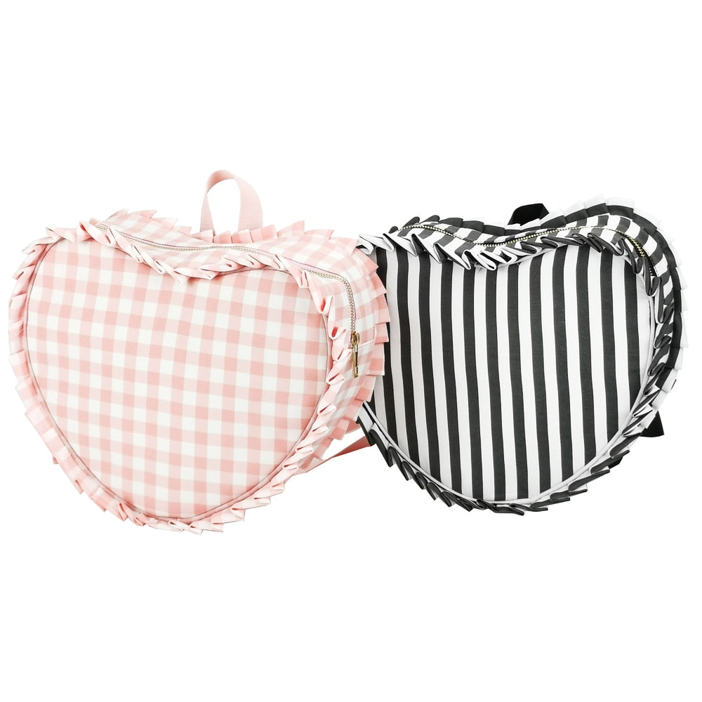 Hot Cute Waterproof Nylon Heart Backpacks Mini Ruffle Plaid Backpack Love Heart Shape Backpack  For Teenager Girls Book Bag