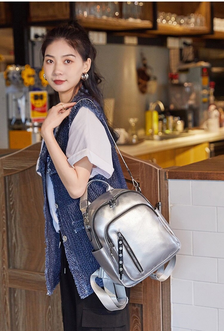 PU Leather Women Backpack Multifunctional Female Shoulder Bag Student Schoolbags Travel Daypack female Softback book bag silver