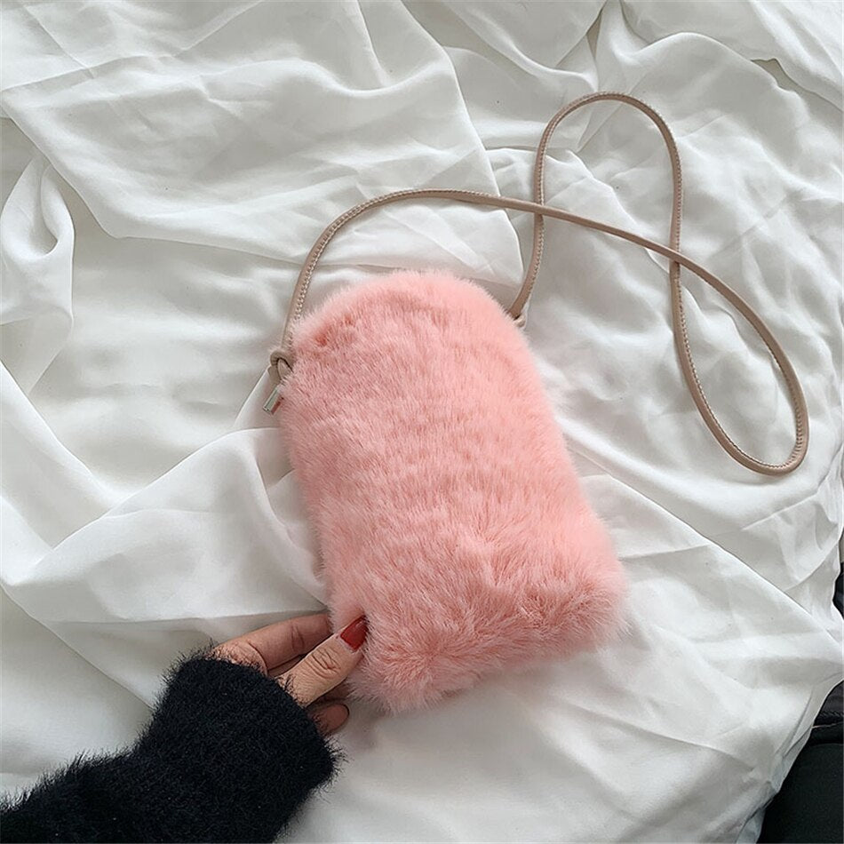 Faux Fur Women's Small Shoulder Messenger Bag Luxury Designer Cute Plush Ladies Mini Phone Bag Winter Purses Warm Crossbody Bag
