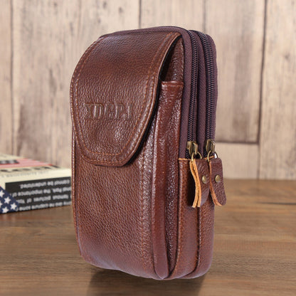 Men Cowhide Leather Mobile Phone Belt Bags Three-layer Waist Bag Pack Zipper Fanny Pack Outdoor Jogging Sports Running Bag