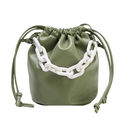 Drawstring Shoulder Bag Women PU Chain Bucket Handbags Female Solid Color Purse Youth Ladies Simple Versatile Bag