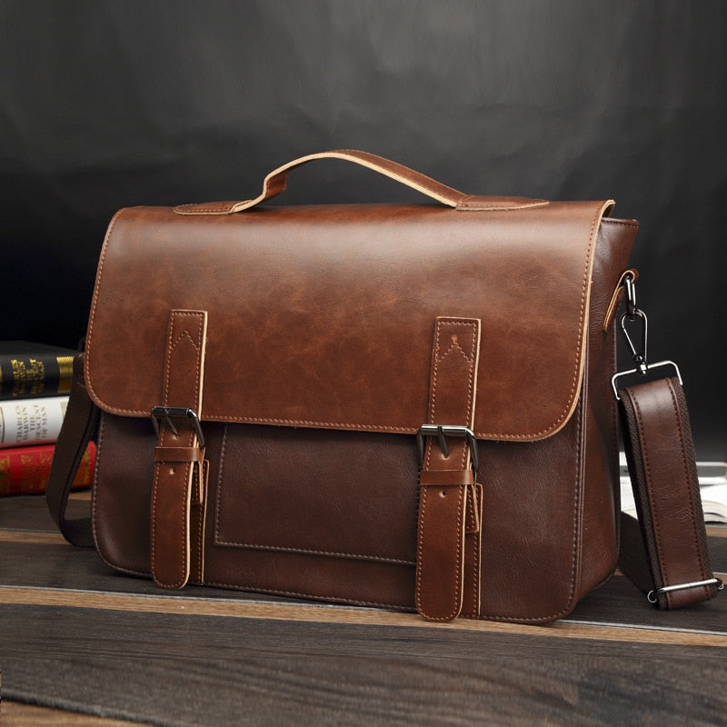 Men&#39;s Brand Briefcase Business Office Laptop Bag Crazy Horse PU Leather Handbag Casual Man Messenger Bags Retro Male Tote