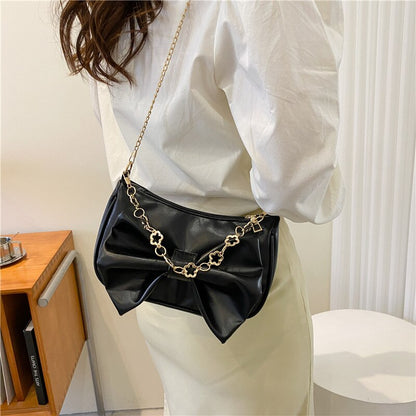 Women&#39;s Vintage Bow Crossbody Bag PU Leather Underarm Bag Fashion Retro Simple Small Messenger Chain Bag Purses Handbags