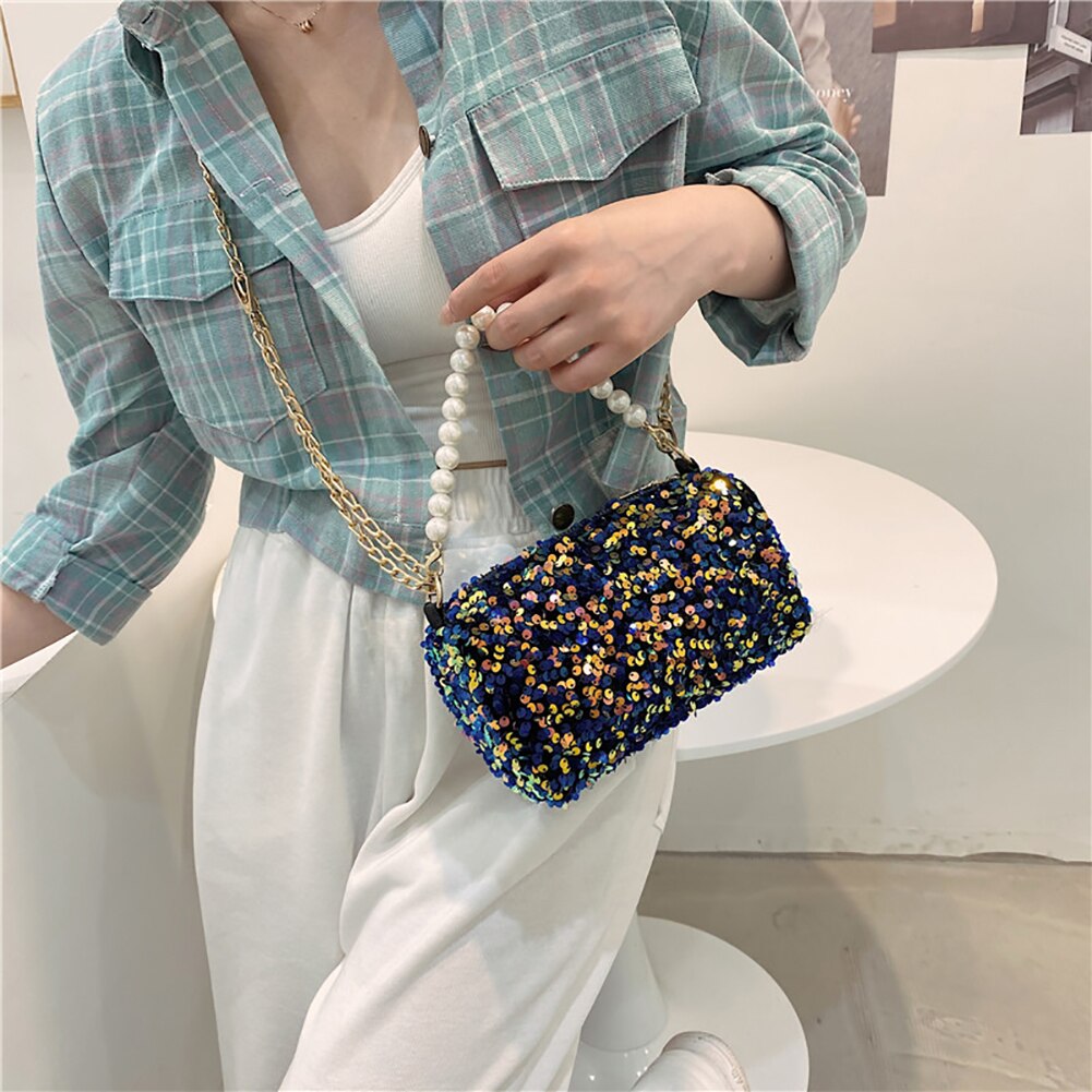 Fashion Women Pearl Sequins Cylinder Bags Chain Shoulder Handbags Party Purse for Women Christmas Birthday Gift