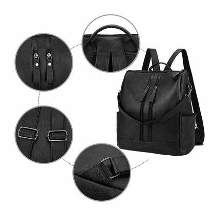 Women&#39;s Fashion Black Leather Backpack Multi-Pocket Large Capacity Soft Leisure Bag for Outdoor Travel