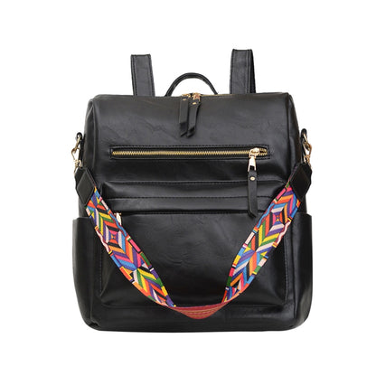 Retro PU Leather Backpack for Women Large Capacity Embroidered Strap Shoulder Bags Handbags Casual School Bags Felame Rucksack