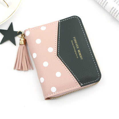 Fashion Wallets For Women Ladies Short Polka Dot Stitching Wallet Ladies Tassel Coin Purse Multifunctional Card Case Money Bag