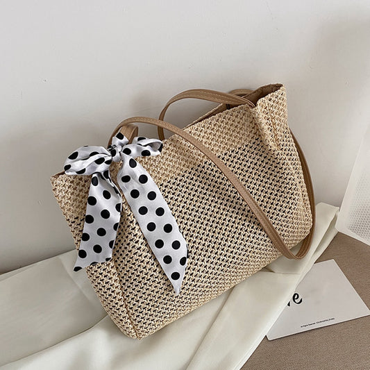 Women Summer Casual Straw Woven Top-handle Bags Vintage Silk Ribbon Large Capacity Handbags Shopping Totes Ladies Shoulder Bags