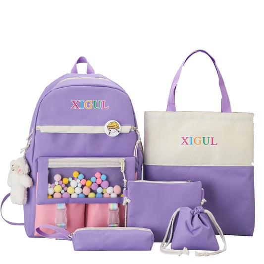 5 piece set colored balls school bags for girls backpacks for girl fashion cute stamp kids backpack and pencil case bear student