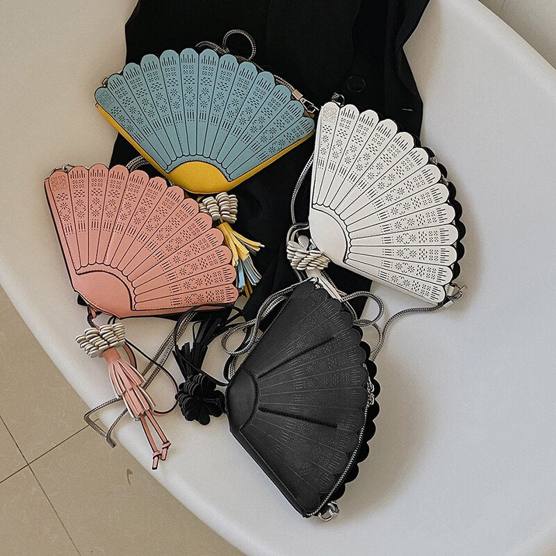 Summer Novel Handbags Chinese Style Folding Fan Shoulder Bags for Women New Fashion Chain Crossbody Purse Pu Leather Bags Ladies