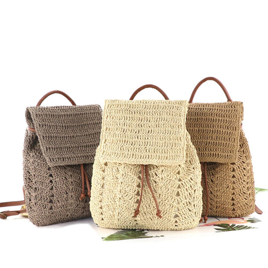 Women Straw Backpack Shoulders Bag Handmade Woven Casual Beach Top Handle Bags for Women Traveling Shopping