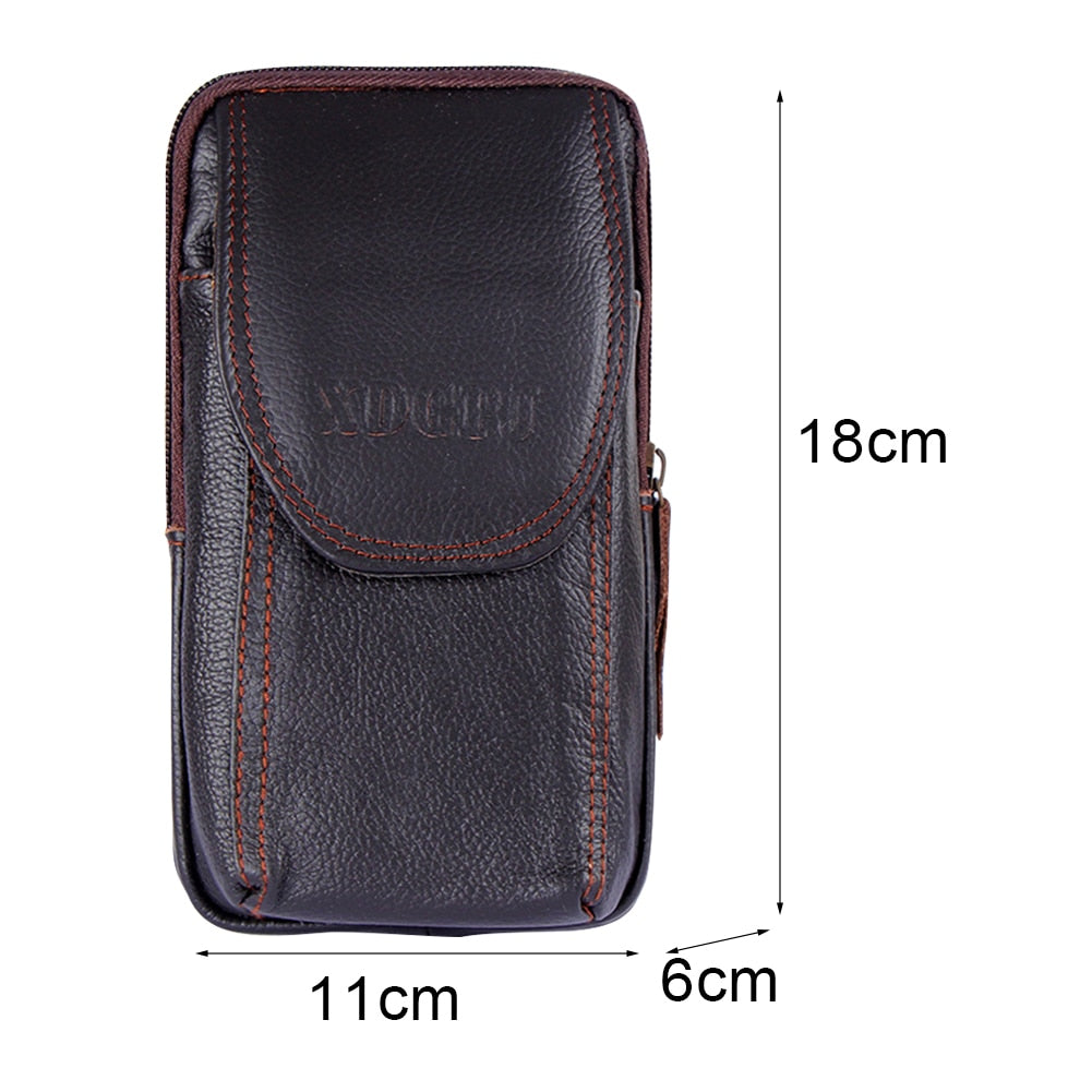 Men Cowhide Leather Mobile Phone Belt Bags Three-layer Waist Bag Pack Zipper Fanny Pack Outdoor Jogging Sports Running Bag