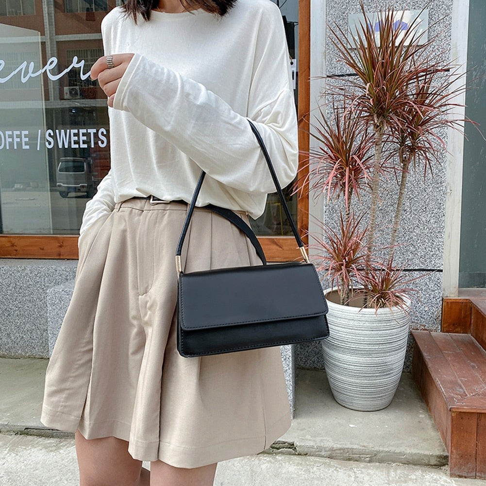 Simple Solid Color Women Shoulder Bags Totes PU Leather Fashion Flap Small Top-Handle Bags Female Casual Underarm Bags Handbags