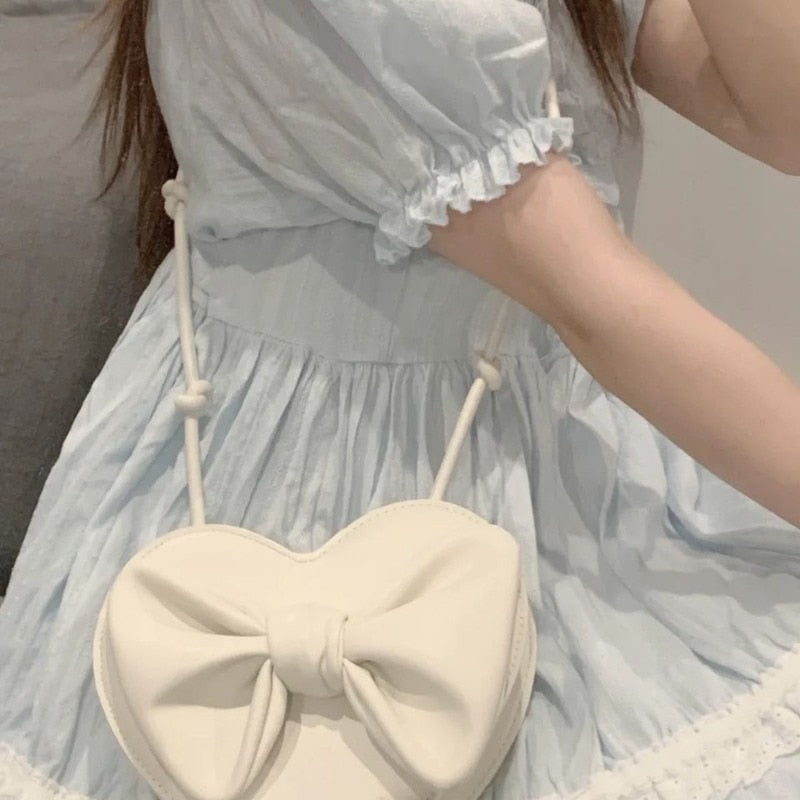 Xiuya Cute White Heart Shoulder Bag Female Harajuku Kawaii Small Bowknot Crossbody Bag Women Cell Phone Purse Womens Pouch