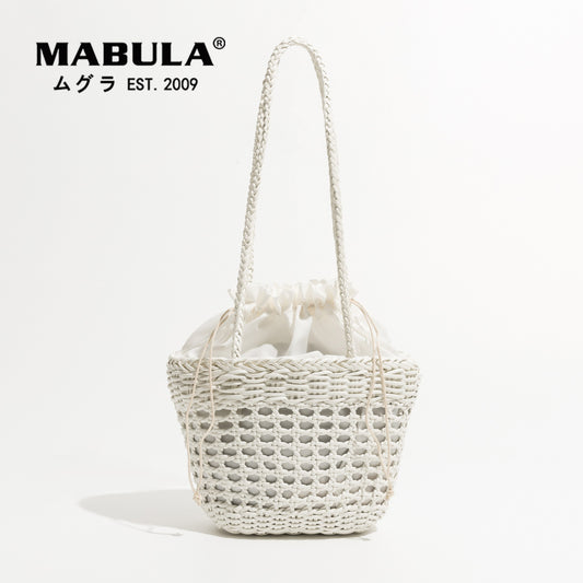 MABULA Leather Plaited Hollow Shoulder Bags For Women Summer Beach Casual Vacation Bucket Totes Top Handle Handbags Female Purse