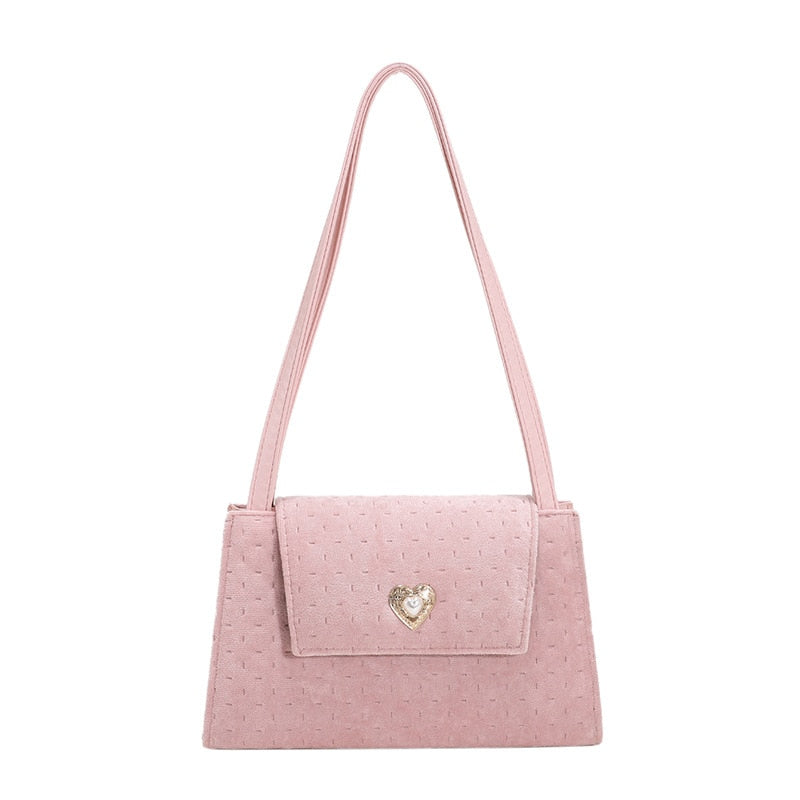 Retro Love Women&#39;s Handbags Underarm Bag Velvet Pink Heart Ladies Small Square Shoulder Bags Simple Female Small Tote Purse Bag