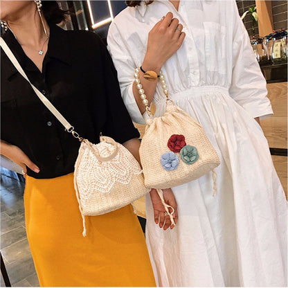 Women&#39;s Crossbody Bag Bohemian Summer Straw Beach Bags Lace Female Handbag Pearl Shoulder Messenger Bags Drawstring Bucket Bag