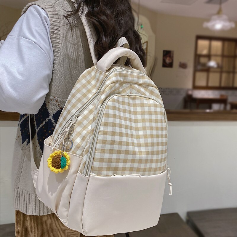 DCIMOR Fashion Plaid Women Backpack Lovely Girl Portable Travel Bag Kawaii Schoolbag for Adolescent Student Laptop Book Mochila