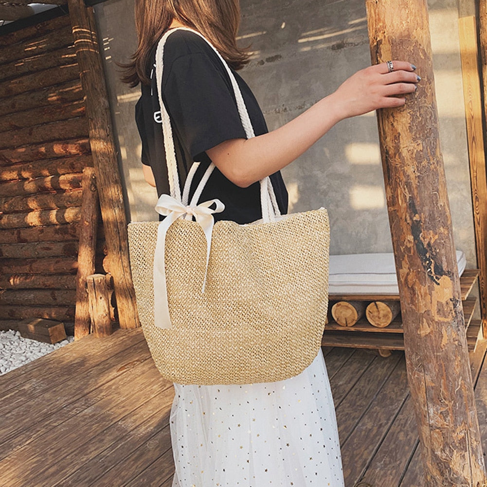 Large Capacity Handmade Weave Straw Handbags with Bow Women Shoulder Bags Fashion Drawstring Shopping Bags Tote Top-handle Bags