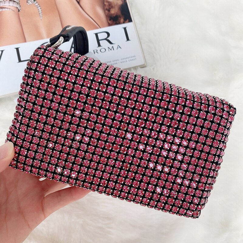 Crystal Rhinestone Evening Crossbody Bags for Women Luxury Brand Bling Purse Mini Top Handle Handbag Chain Mesh Clutch for Party