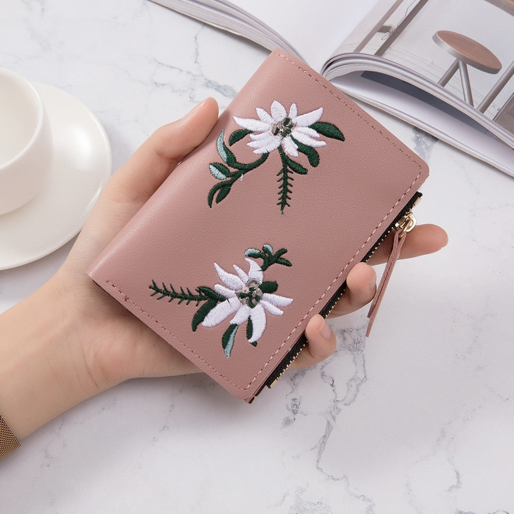 Women&#39;s Short Embroidered Flower Zipper Simple Student Coin Purse Thin Multi-card Fashion Wallet Women Handbag