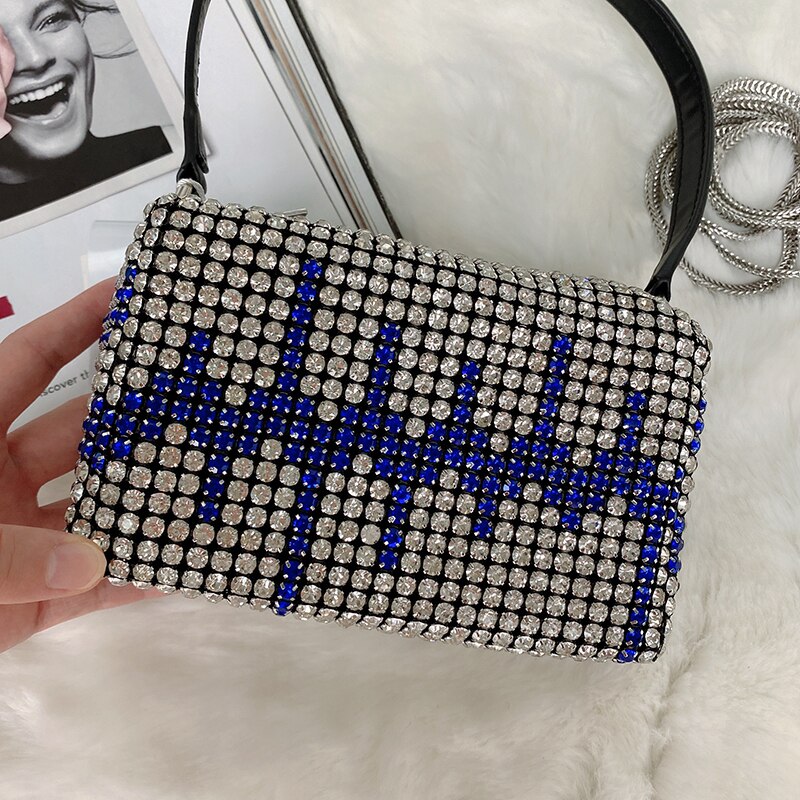 Crystal Rhinestone Evening Crossbody Bags for Women Luxury Brand Bling Purse Mini Top Handle Handbag Chain Mesh Clutch for Party