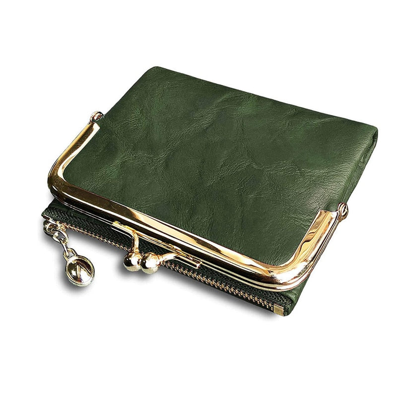 Women Wallet Short Bifold Retro Multifunction Coin Purse with Zip and Kiss Lock Green PU Leather Female Short Purses Wallets