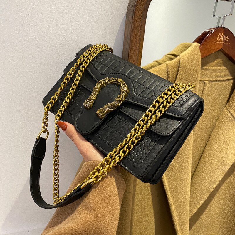 Female Summer Luxury Black  Bags Women&#39;s Bags New Trendy Chain Stone Texture Fashion Shoulder Messenger Small Square Brand Bags