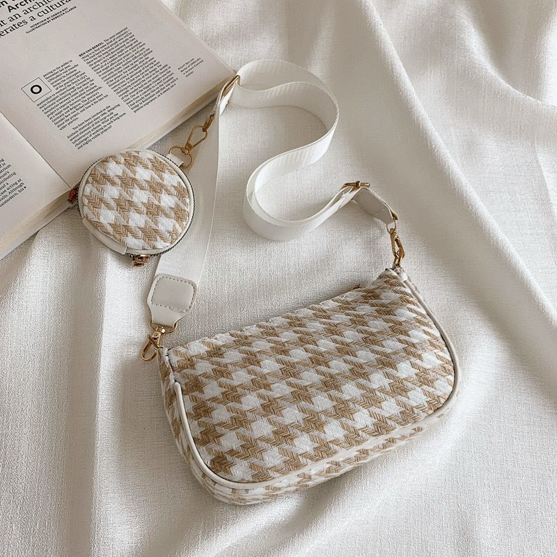 Female Vintage Plaid Printing Shoulder Bags with Mini Round Purse Pendant Women Bags Casual Small Crossbody Bags 2pcs Composite