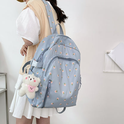 Fashion New Floral Women Backpack Large Capacity Nylon Schoolbag College Teenage Girl Travel Book Bags with Pendant Decoration