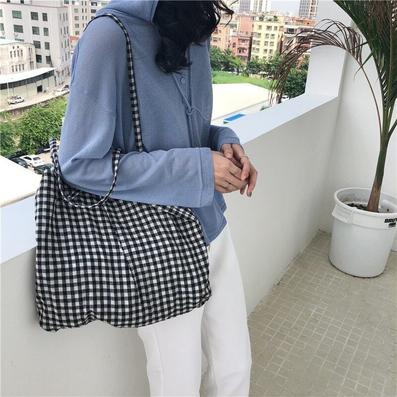 Fashion Women&#39;s Canvas Tote Shoulder Large Shopping Bag Plaid Eco Large Capacity Ladies Purse Pouch Girls Student Book Handbags