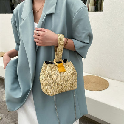 Women Straw Braid Shoulder Bag Woven Bucket Handbags Small Square Bag Khaki Straw Bag Casual Vacation Bags For Lipstick Phone