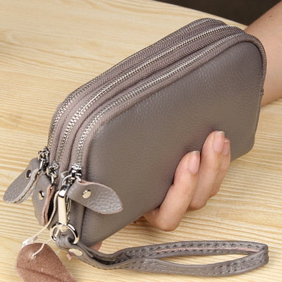 MJ Women Long Wallet Genuine Leather 3-Layer Zipper Purse Bag Large Capacity Wristlet Clutch Wallets Phone Bag Money Purses