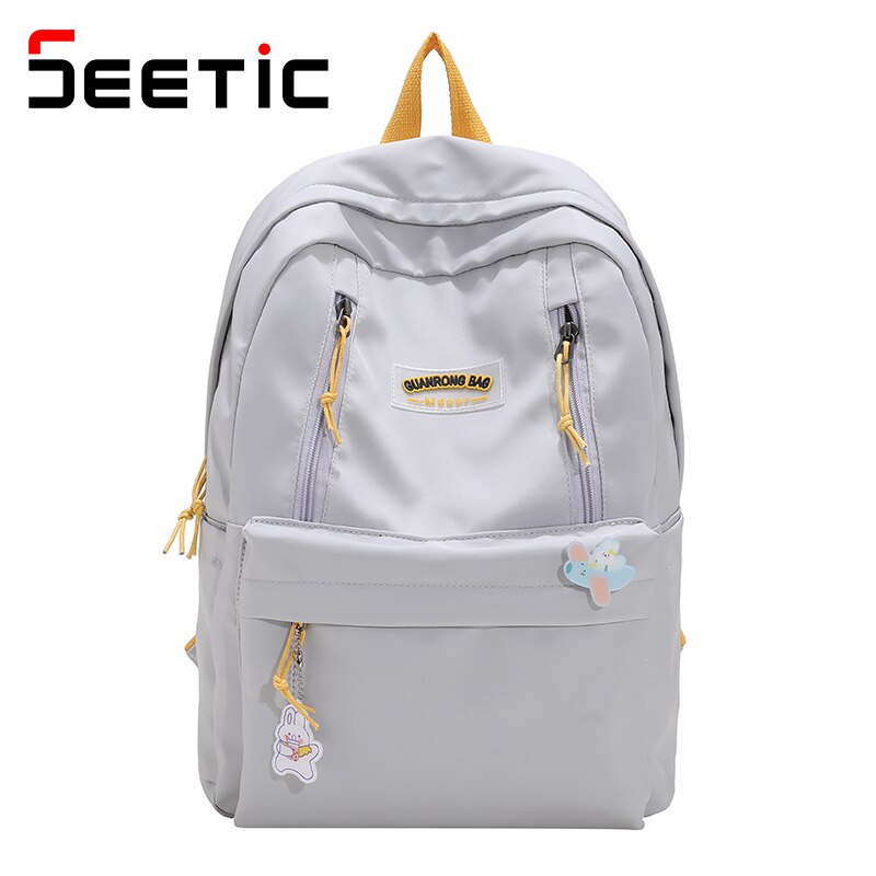 SEETIC Fashion Canvas Women Backpack Simple College School Bag Kawaii Solid Color Travel Bags Women Multi-Pocket Backpack Female