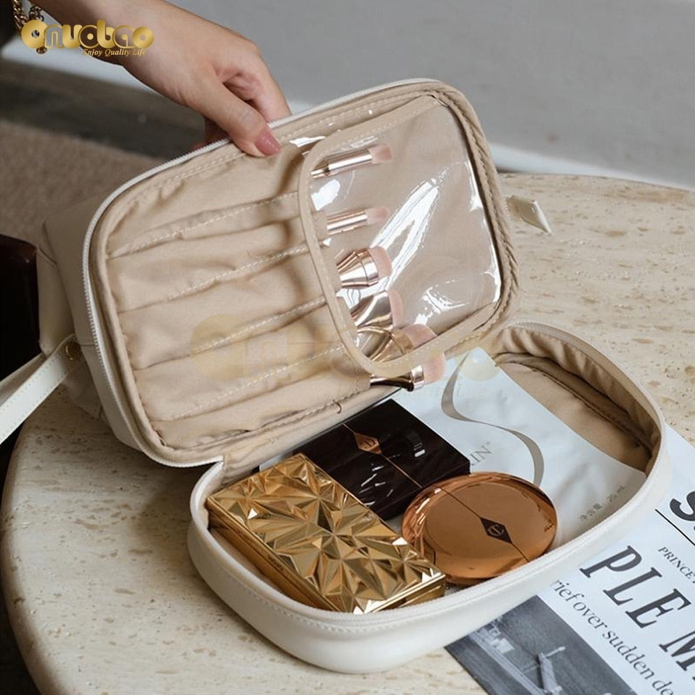 Light Luxury Cosmetic Bag PU Leather Double Layer Makeup Bag Large Travel Bag